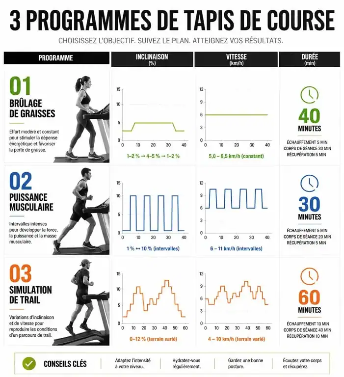 Infographie des programmes d'entraînement sur tapis de course : inclinaison, vitesse et durée pour chaque objectif.