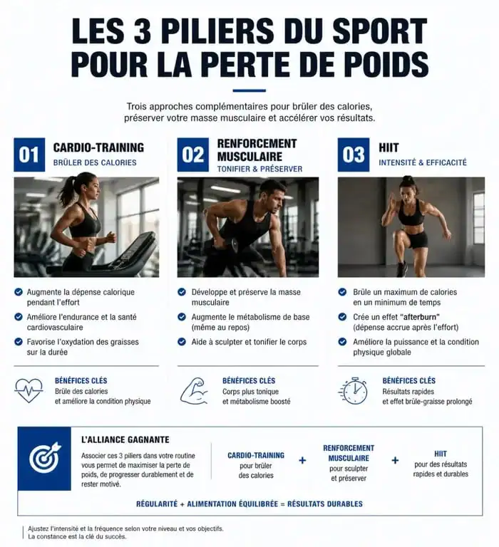 Infographie des trois piliers du programme pour maigrir par le sport : cardio, renforcement et HIIT