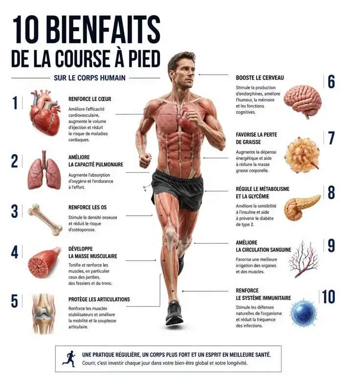 Infographie des 10 bienfaits de la course à pied sur la santé physique et mentale