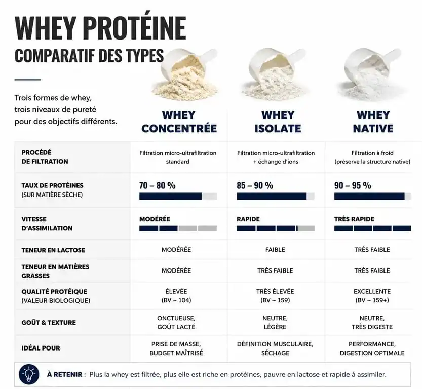 Infographie comparative des différents types de whey protéine pour choisir la meilleure protéine selon ses besoins