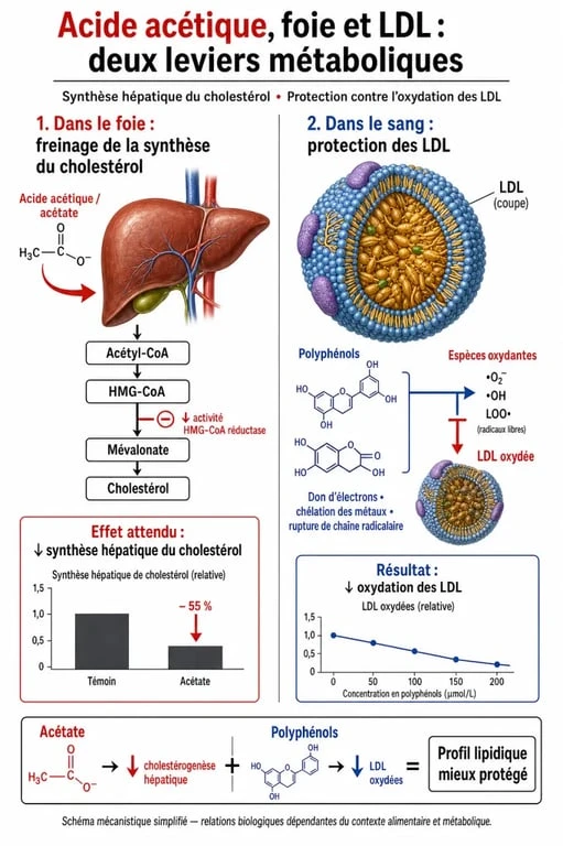 Infographie expliquant l'effet du vinaigre de cidre sur le cholestérol LDL et la santé cardiovasculaire