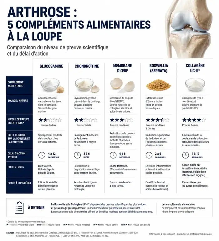 Infographie comparative des compléments alimentaires pour l'arthrose : efficacité et délais d'action