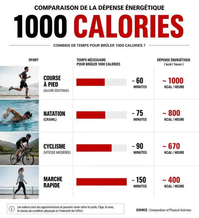 Infographie comparant la durée des activités physiques pour brûler 1000 calories par jour
