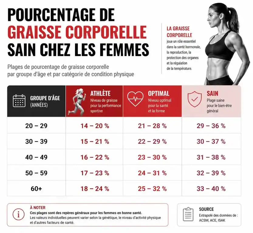 Tableau des taux de masse grasse femme en kg par âge et catégorie de santé