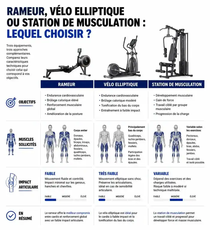 Comparatif des appareils de sport pour un entraînement complet du corps : rameur, vélo elliptique et station de musculation.