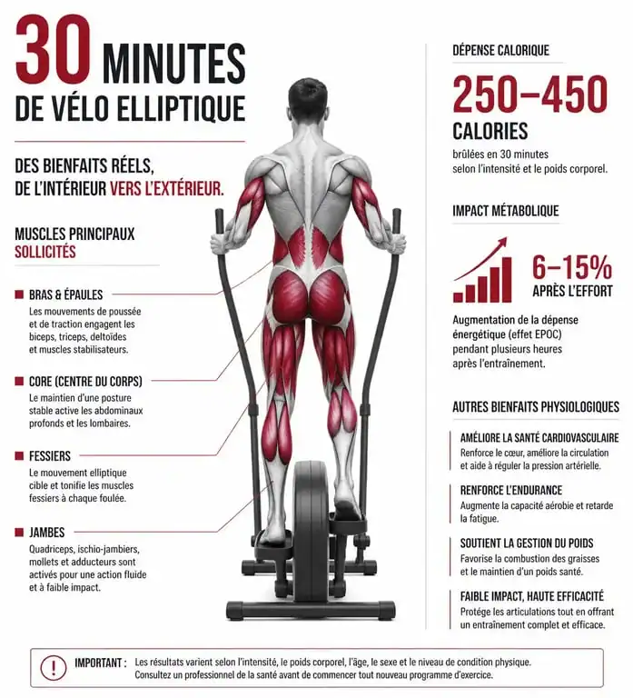 Infographie des bénéfices santé et dépense calorique de 30 minutes de vélo elliptique par jour