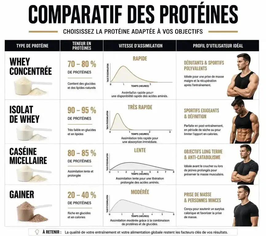 Comparatif des types de protéines pour la prise de masse musculaire : Whey, Isolat, Caséine et Gainer