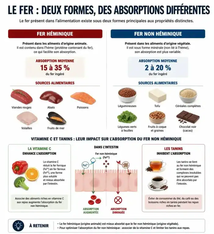 Infographie sur les aliments riches en fer et les facteurs d'absorption