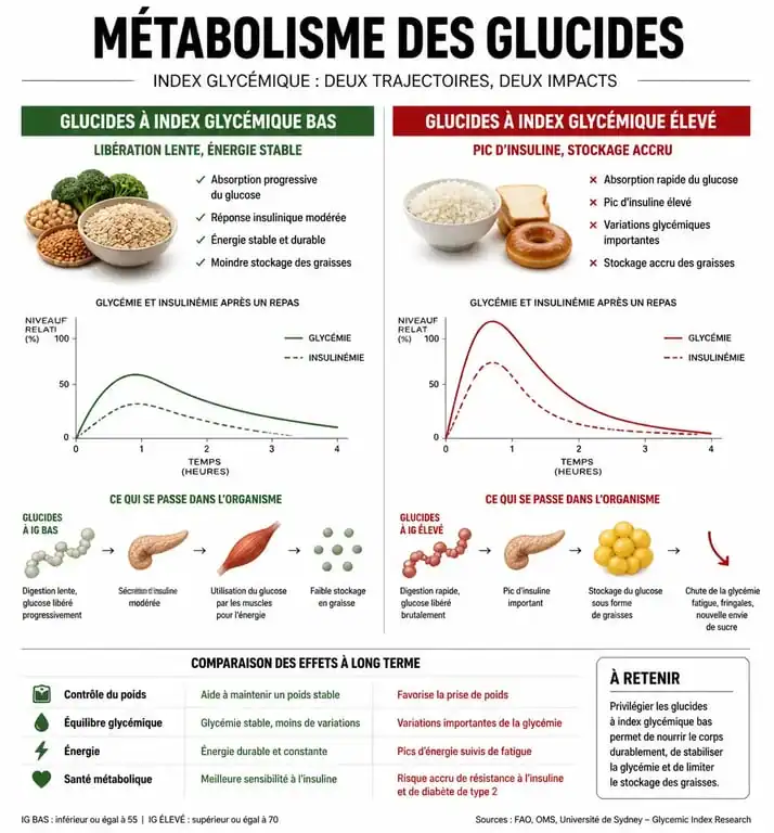 Infographie sur l'impact des glucides et l'index glycémique sur la prise de poids