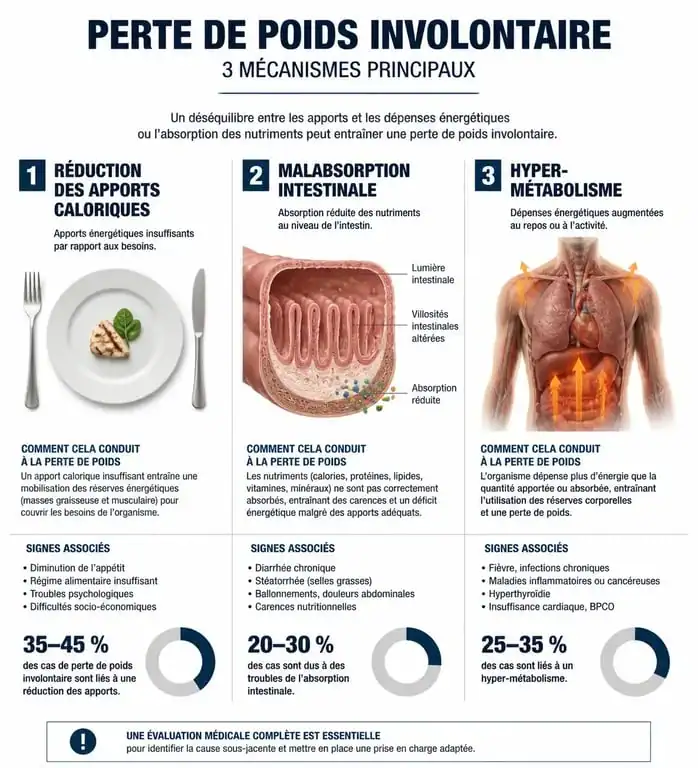 Infographie explicative des causes de la perte de poids involontaire et mécanismes physiologiques