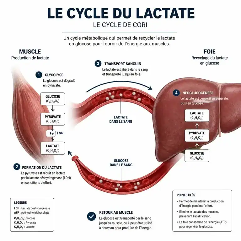 Schéma explicatif du cycle du lactate et de la production d'énergie pendant l'effort sportif
