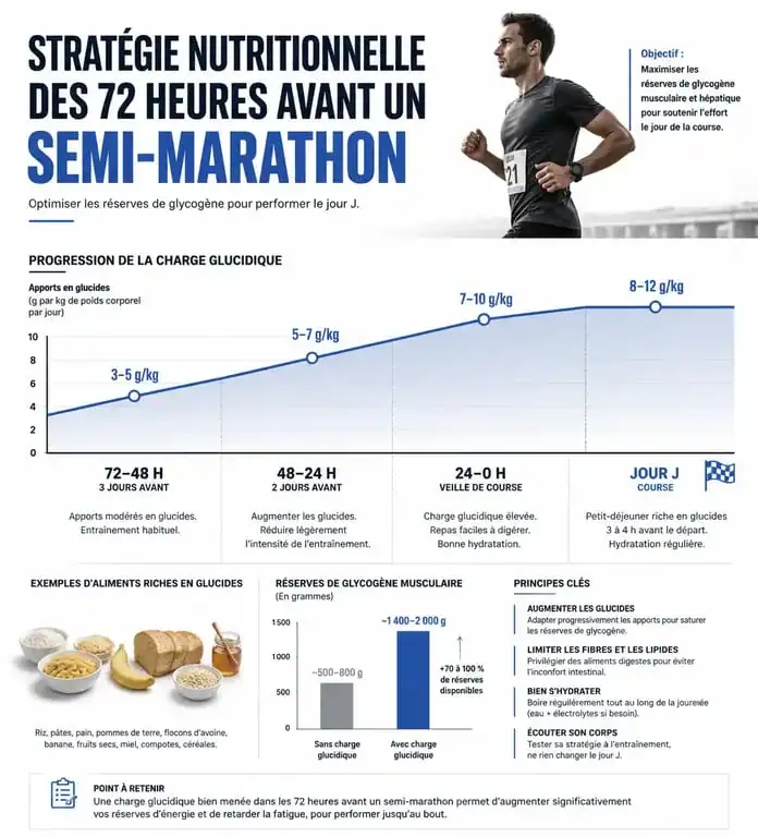 Infographie sur la stratégie nutritionnelle et la recharge glucidique pour un semi-marathon