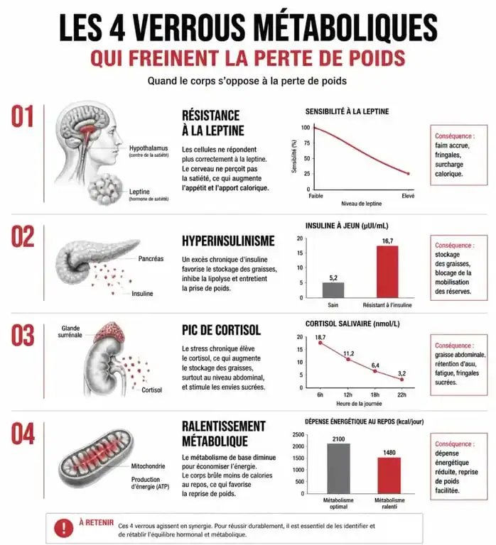 Infographie expliquant pourquoi je n'arrive pas à maigrir : les verrous hormonaux et métaboliques