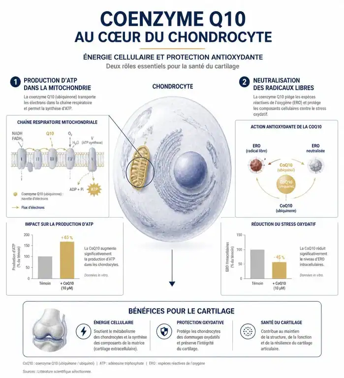 Schéma explicatif du rôle de la coenzyme Q10 et arthrose dans la protection des cellules du cartilage