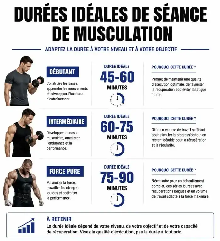 Infographie sur la durée idéale d'une séance de musculation selon le niveau et l'objectif