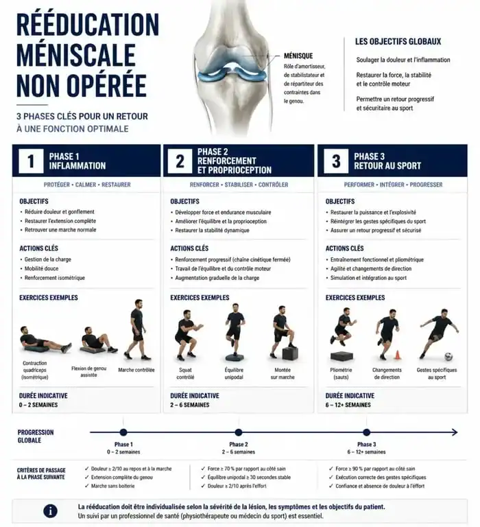Infographie des 3 phases de la rééducation ménisque non opéré pour une récupération optimale