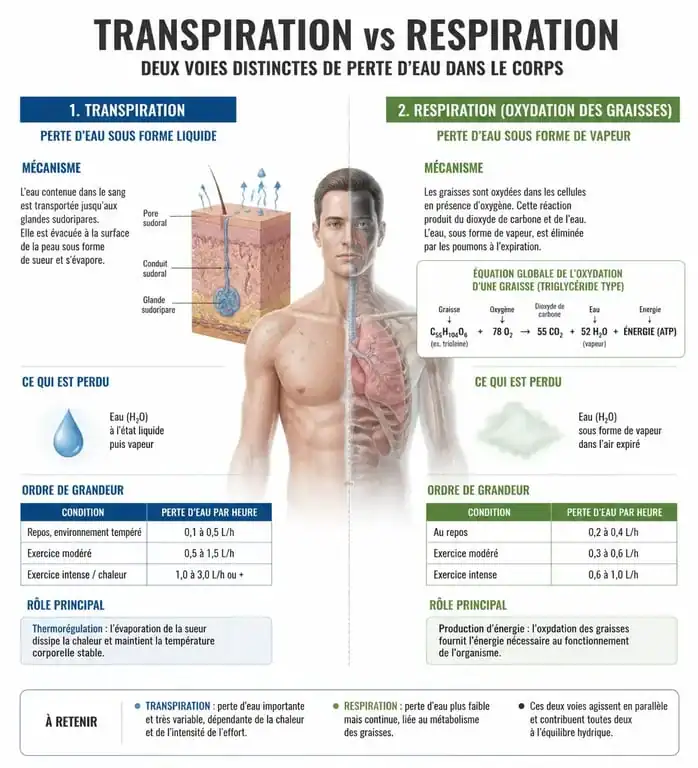 Infographie expliquant pourquoi transpirer ne fait pas maigrir et la différence entre perte hydrique et perte de graisse