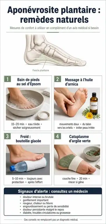 Infographie des remèdes naturels pour soulager une tendinite sous le pied ou aponévrosite plantaire