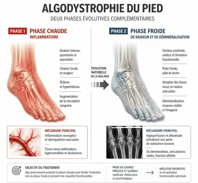 Schéma explicatif des phases de l'algodystrophie du pied pour le traitement du SDRC