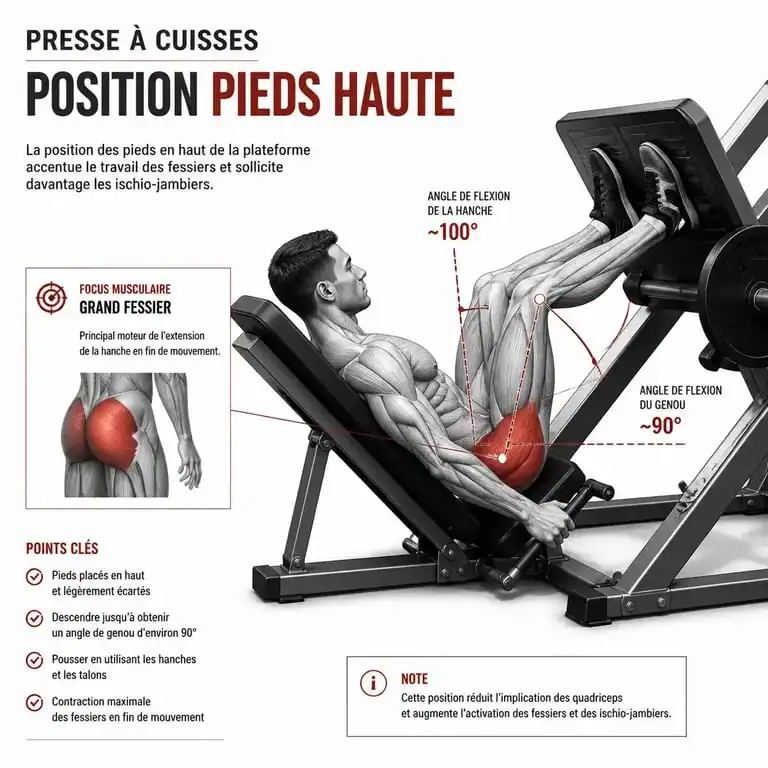 Schéma anatomique montrant la position des pieds sur la presse à cuisses pour cibler les fessiers