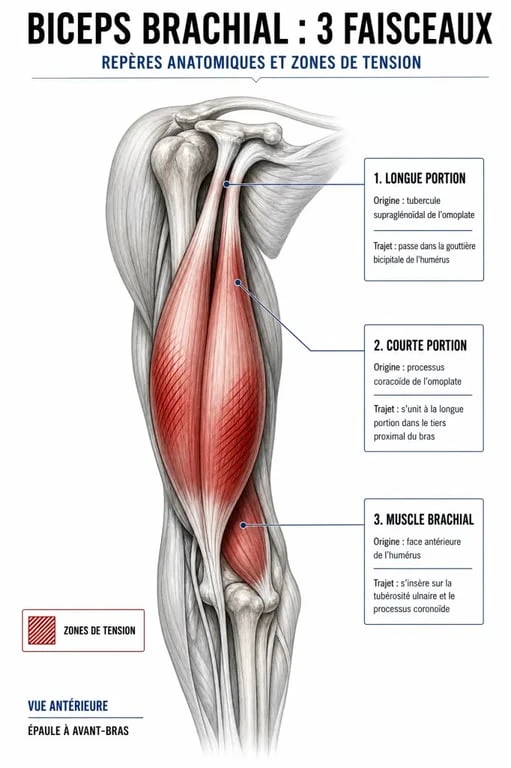 Infographie anatomique des muscles du biceps pour optimiser les exercices avec haltères