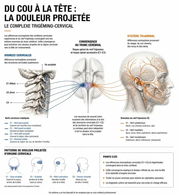 Schéma anatomique expliquant le lien entre les cervicales et les maux de tête
