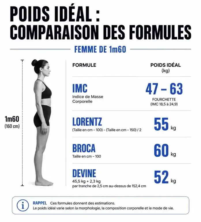 Comparaison des méthodes de calcul du poids idéal pour une femme de 1m60 : IMC, Lorentz, Broca et Devine