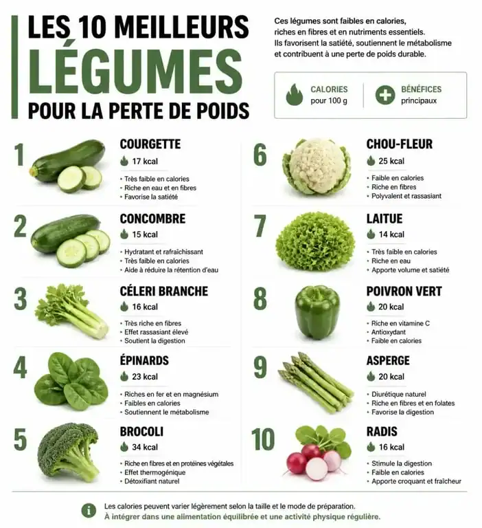Infographie des meilleurs légumes pour maigrir : courgette, concombre, brocoli et autres légumes à faible densité calorique.