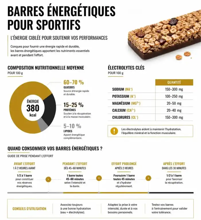Infographie sur les apports nutritionnels et le timing de consommation des barres énergétiques pour sportifs
