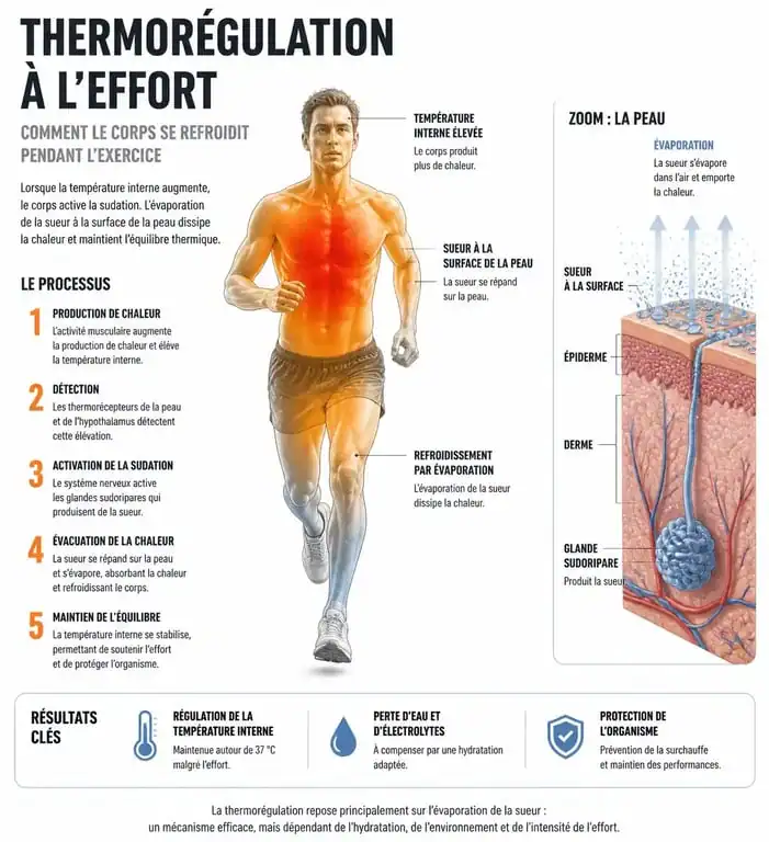 Schéma explicatif des bienfaits de la transpiration et du mécanisme de thermorégulation pendant le sport