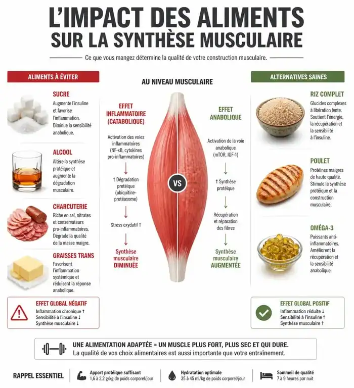 Infographie des aliments mauvais pour les muscles et alternatives saines pour la récupération musculaire