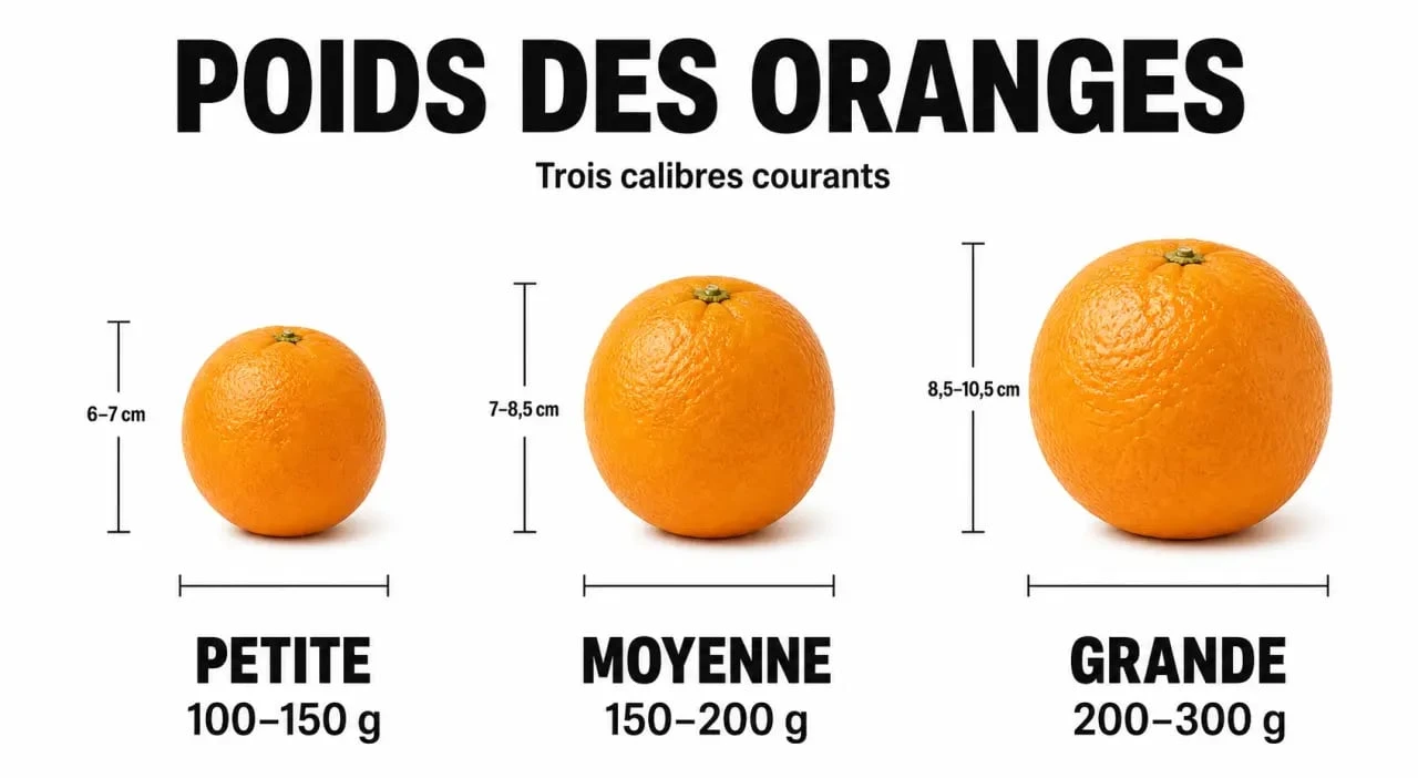 Infographie illustrant le poids d'une orange selon son calibre : petite, moyenne et grosse
