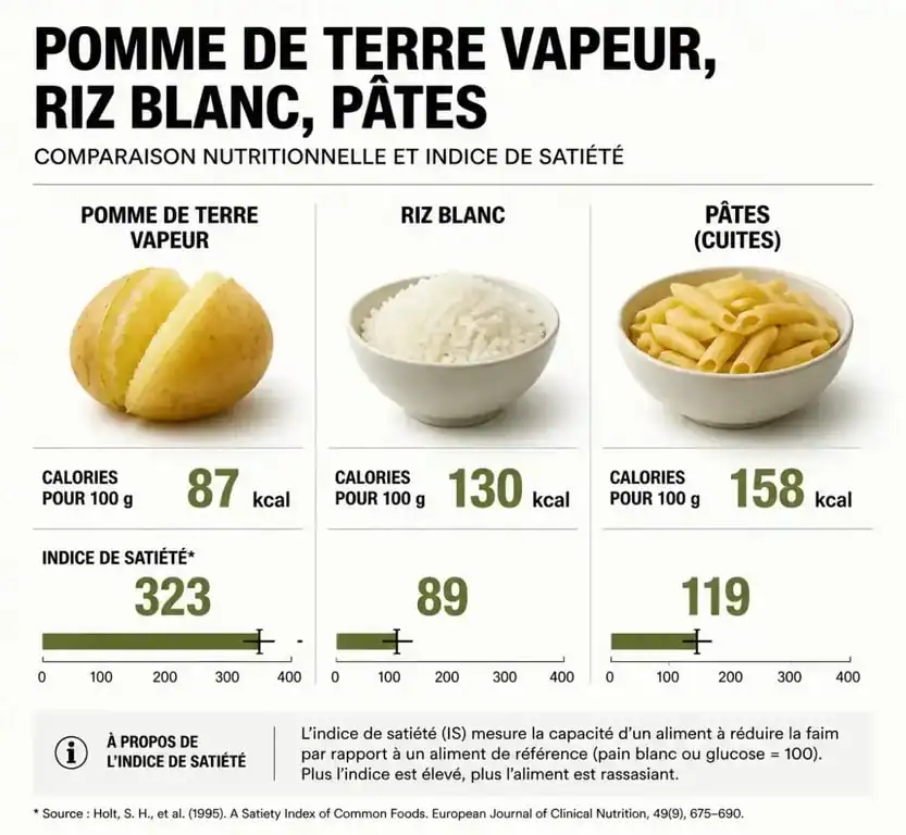 Infographie comparative des valeurs nutritionnelles et de l'indice de satiété de la pomme de terre pour un régime minceur