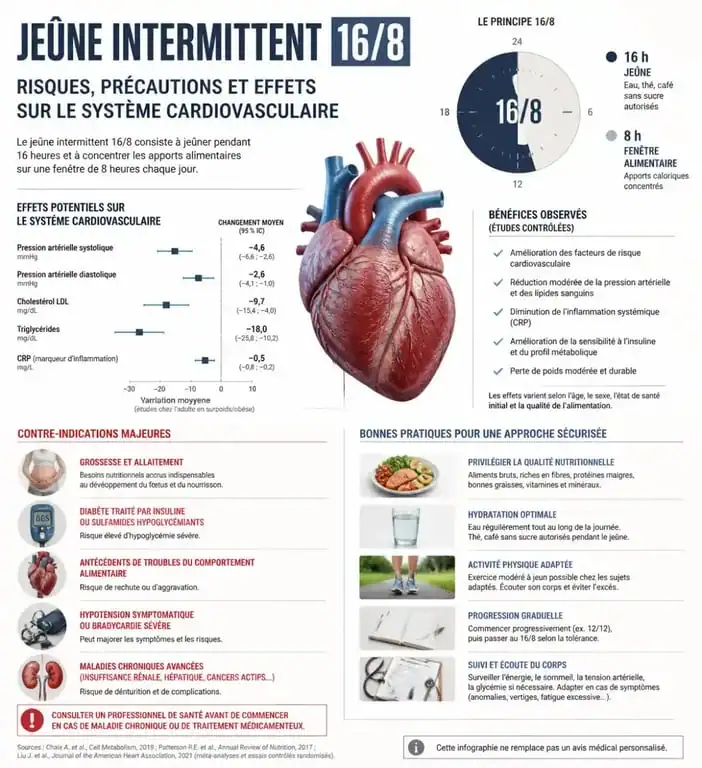 Infographie sur les dangers et précautions du jeûne intermittent 16/8 pour la santé