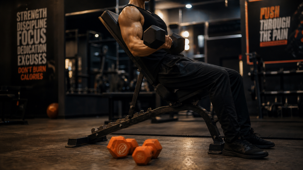 Exercice bicep avec haltere : curl incliné en salle