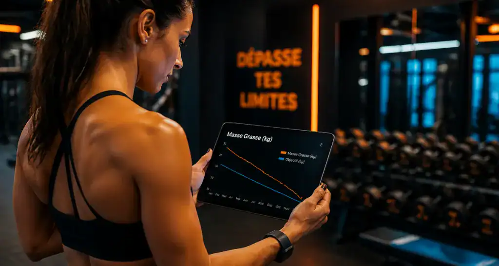 masse grasse femme en kg sur tablette en salle de sport