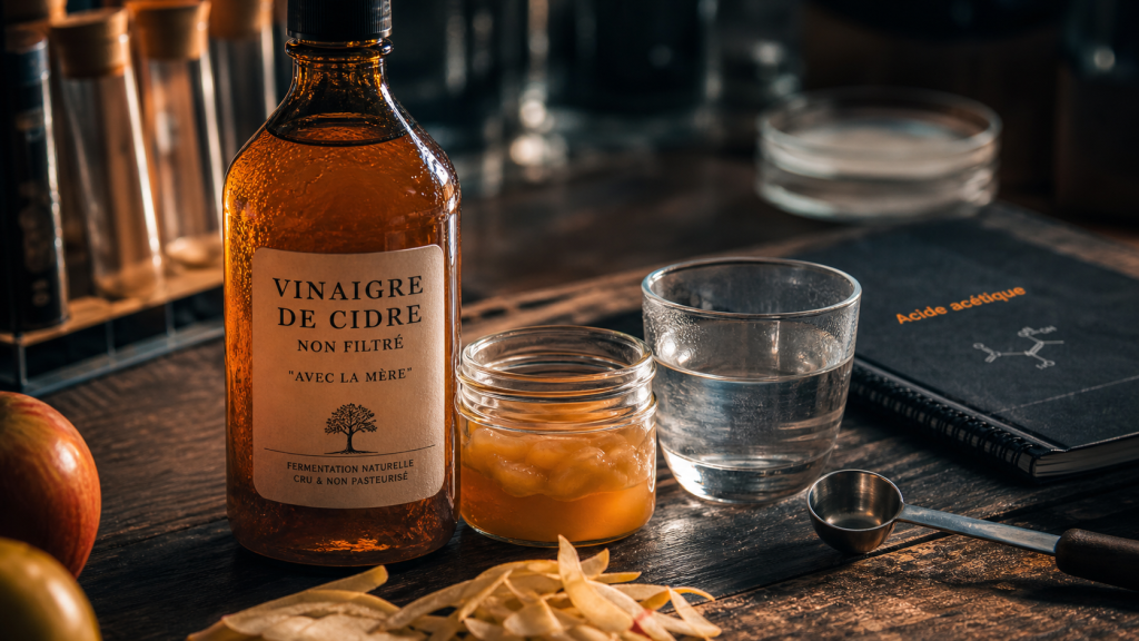 Vinaigre de cidre pour cholesterol : bouteille et mère, acide acétique