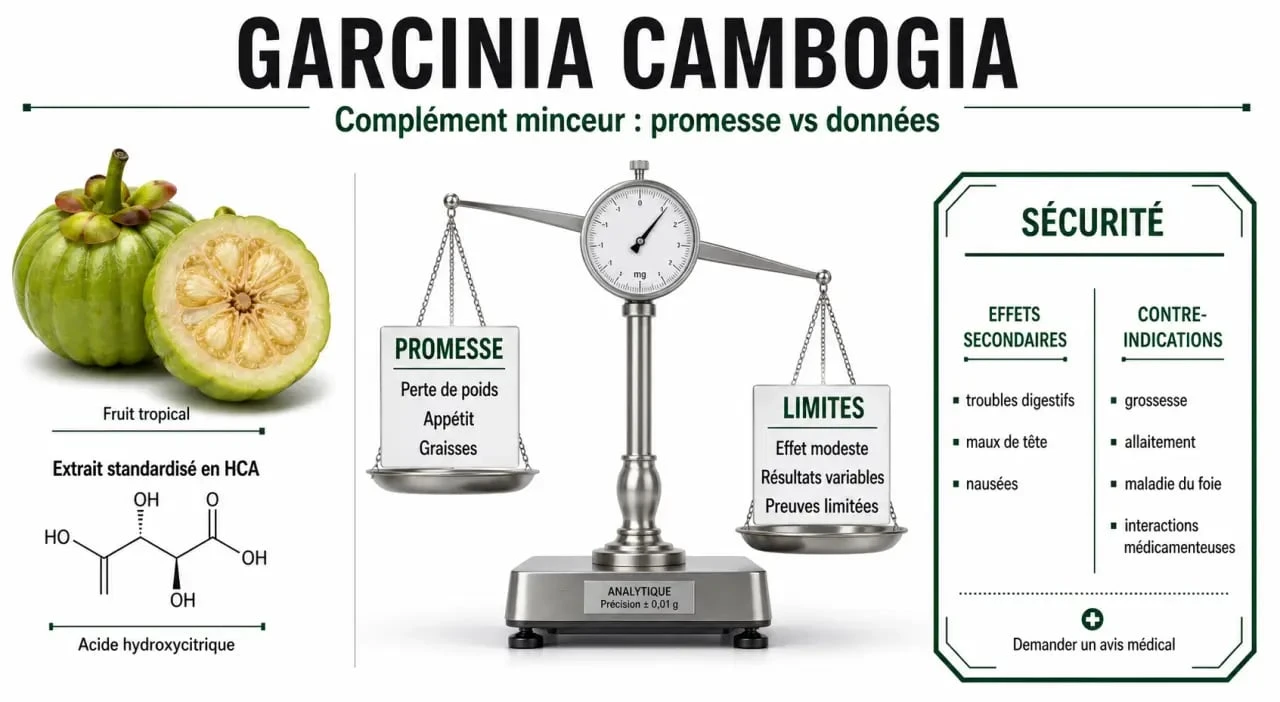 Infographie sur la garcinia cambogia : efficacité, limites et précautions