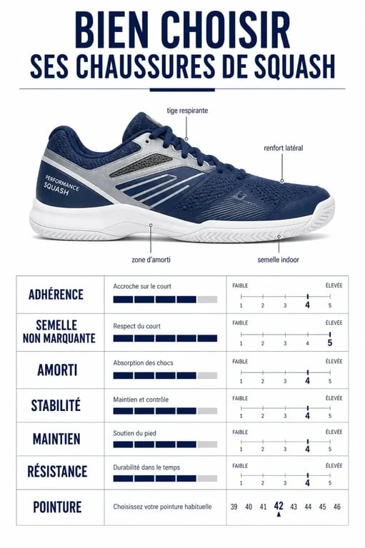 Paire chaussures squash : infographie éditoriale comparant adhérence, amorti, stabilité et semelle non marquante