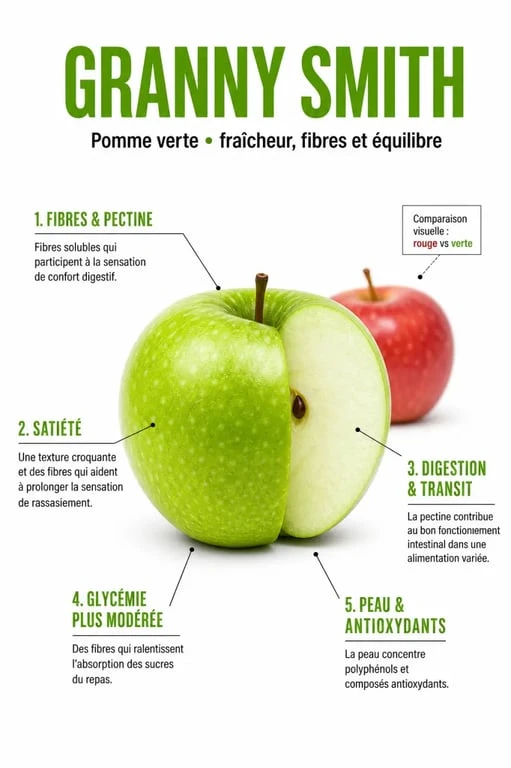 Pomme verte bienfait : infographie sur les fibres, la satiété, la digestion et la glycémie