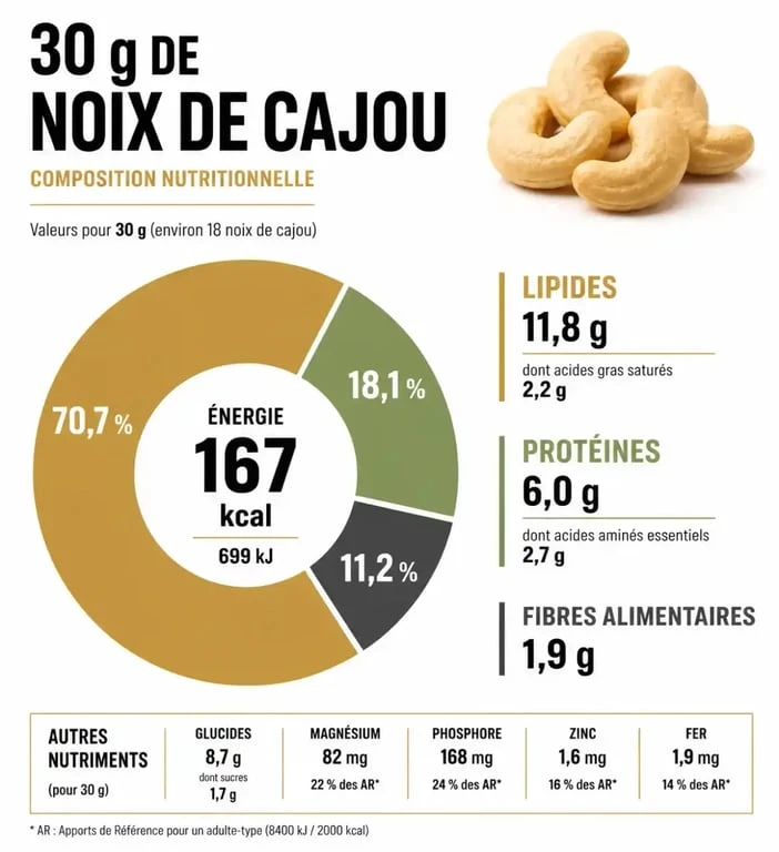 Infographie nutritionnelle : calories et composition des noix de cajou pour une portion de 30g