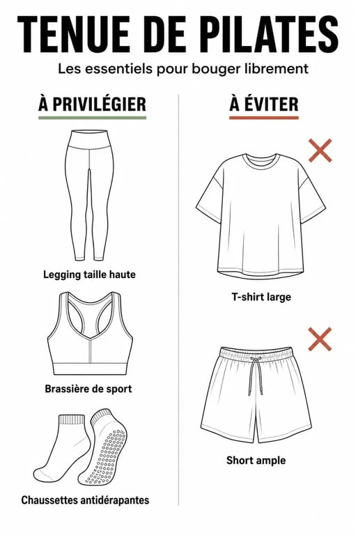 Infographie récapitulative des vêtements adaptés pour une tenue pour pilates : privilégier les vêtements ajustés et éviter les coupes amples.