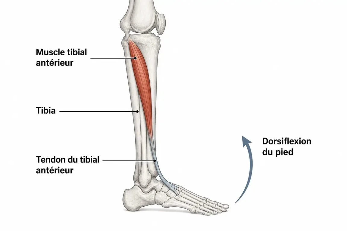Schéma anatomique du muscle tibial antérieur et du tendon du releveur du pied pour comprendre la tendinite du releveur du pied