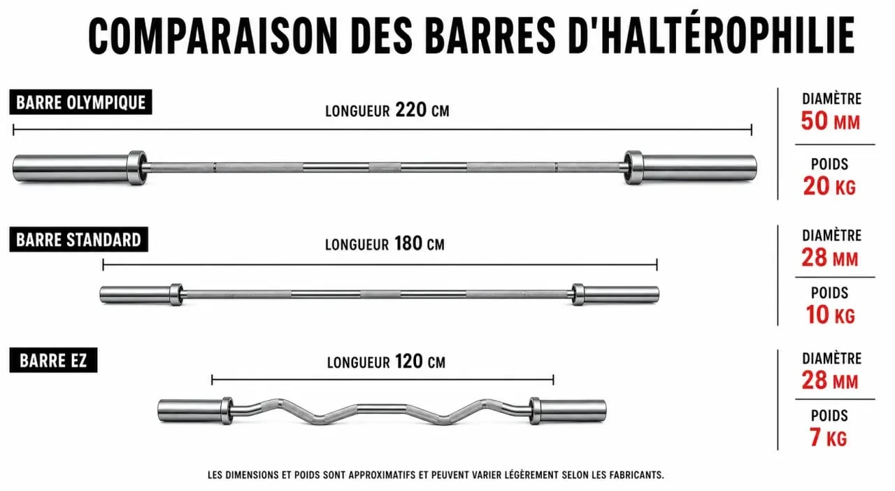 Comparatif visuel des différents types de barres de musculation : poids, longueur et diamètre pour bien choisir son équipement.