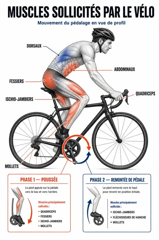Schéma du muscle velo montrant les quadriceps, ischio-jambiers, fessiers et mollets pendant le pédalage