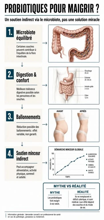 Infographie sur les probiotiques pour maigrir, microbiote intestinal, digestion et satiété