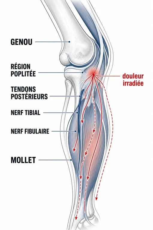 Douleur genou et mollet : schéma simplifié du genou, de la région poplitée et du mollet