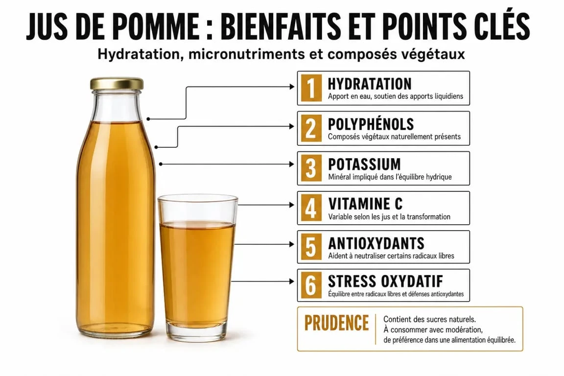 Infographie sur les jus de pommes bienfaits montrant hydratation, antioxydants et modération
