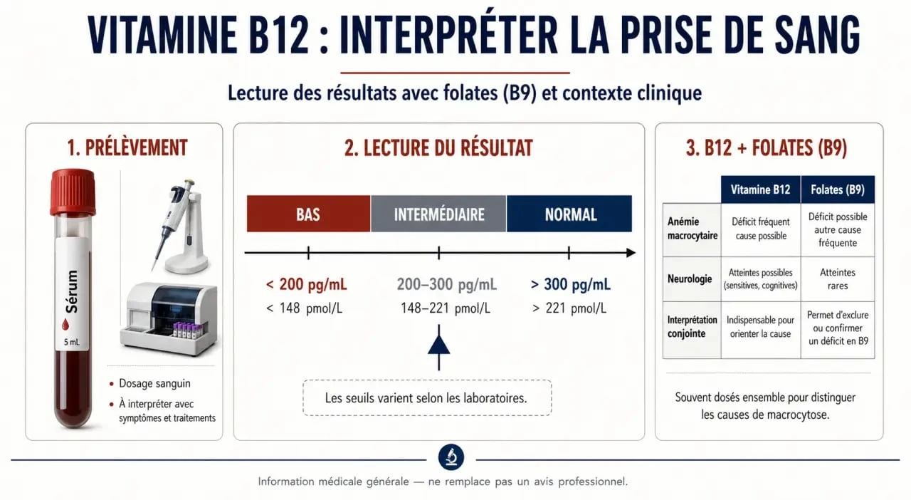 Vitamine B12 prise de sang : infographie sur les taux bas, normaux et intermédiaires avec comparaison B12 et B9