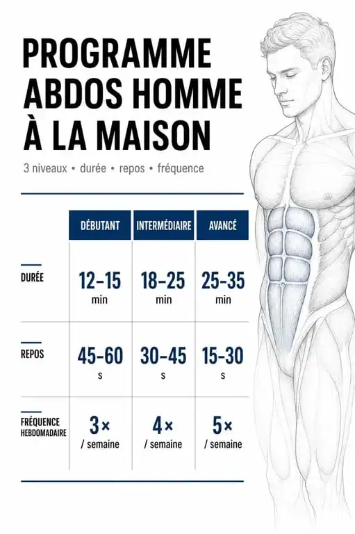 Tableau récapitulatif du programme abdos homme maison par niveau